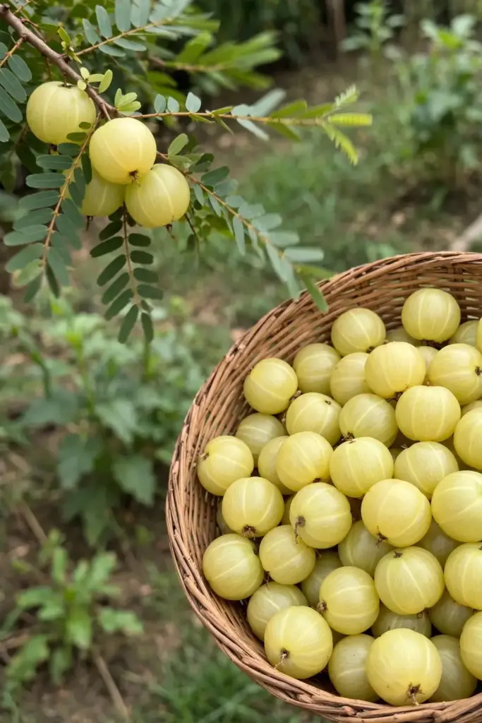 Hand-picking ripe amla fruit into a woven basket