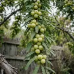 Amla tree branch loaded with pale-green Indian gooseberry fruit