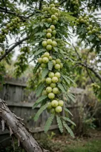Amla tree branch loaded with pale-green Indian gooseberry fruit