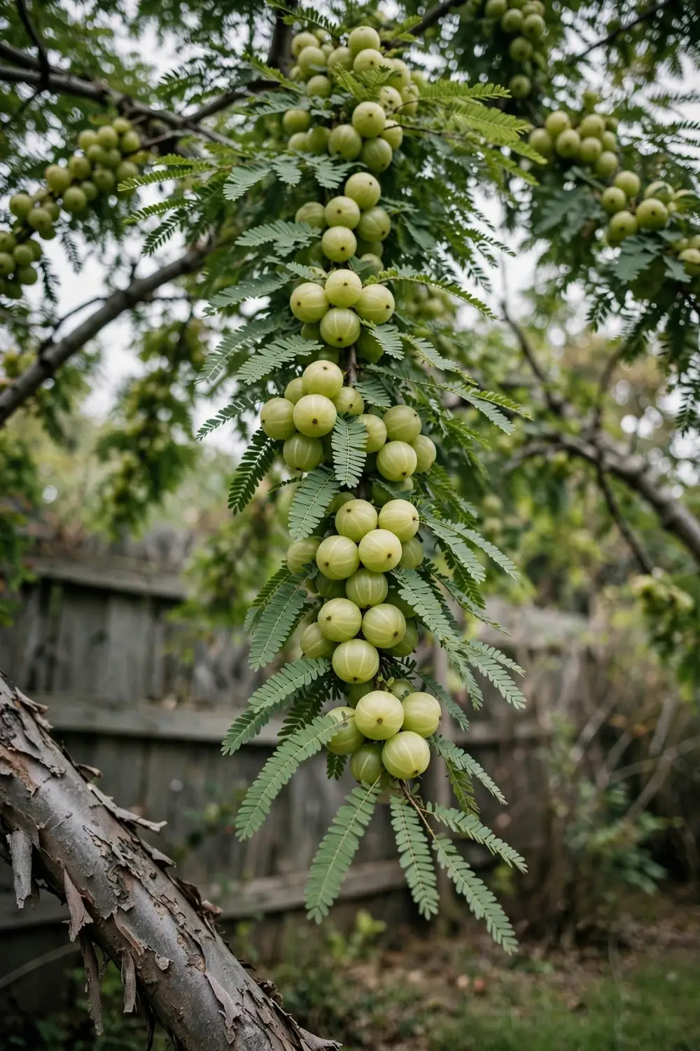 Amla tree branch loaded with pale-green Indian gooseberry fruit