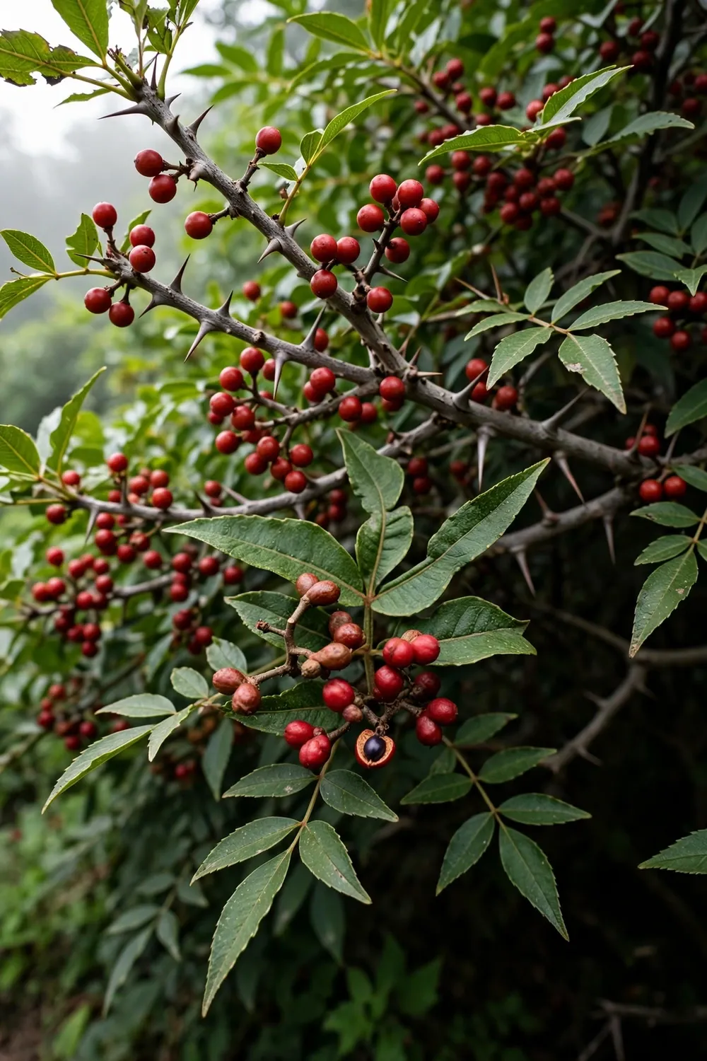Mature andaliman shrub loaded with clusters of small red fruits on thorny branches