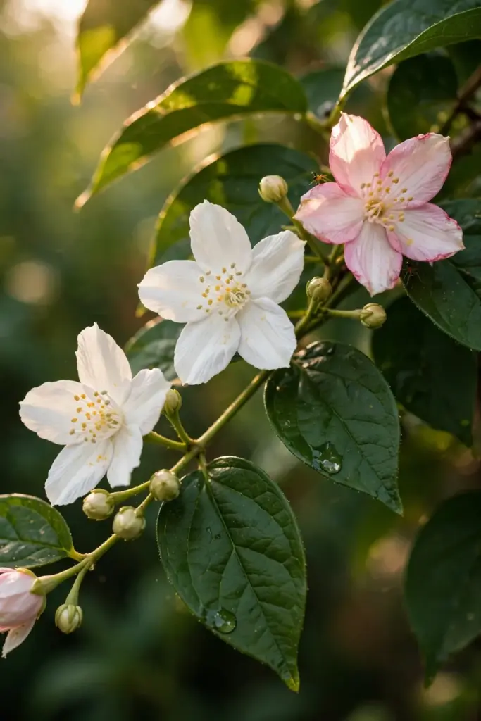 Arabian jasmine branch tip with open blooms, buds, and one pink-fading flower