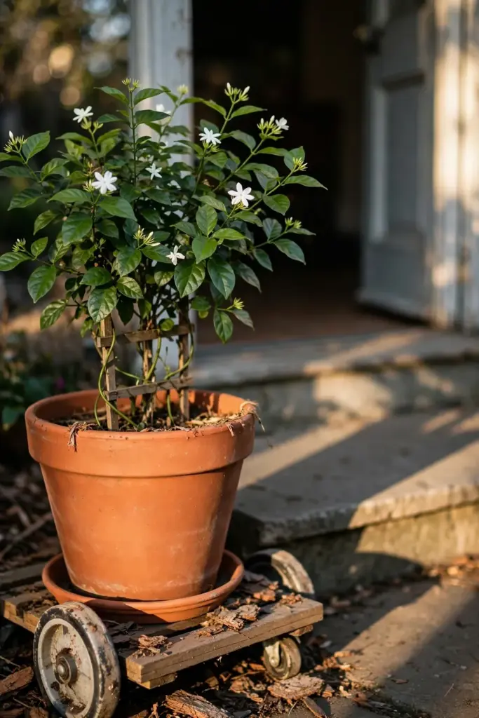 Arabian jasmine in a large pot on a wheeled caddy by a doorway