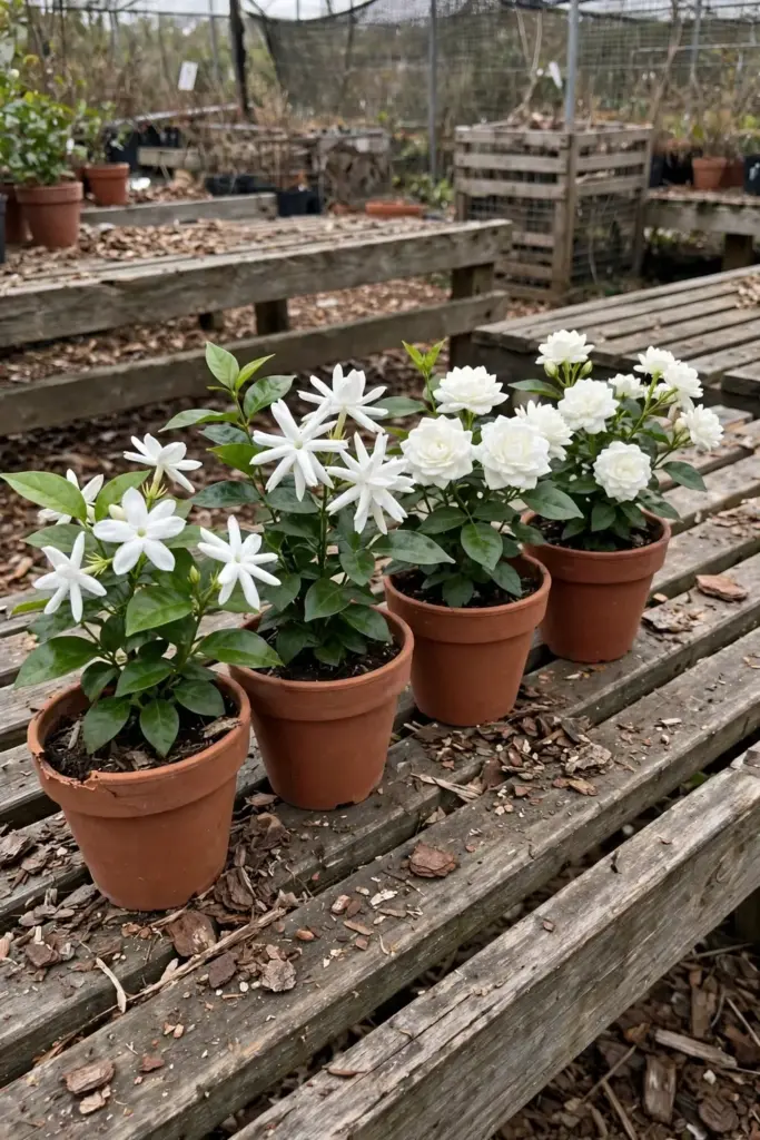 Four potted Arabian jasmine cultivars showing single, double, and triple white flower forms