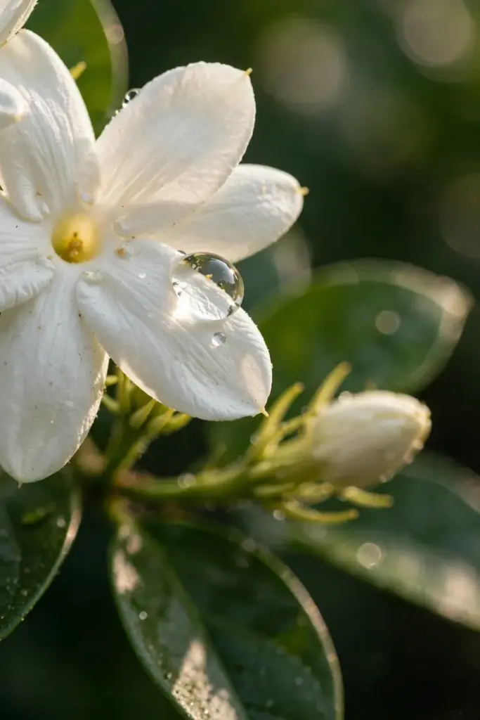 Single white Arabian jasmine bloom with a dewdrop on the petals