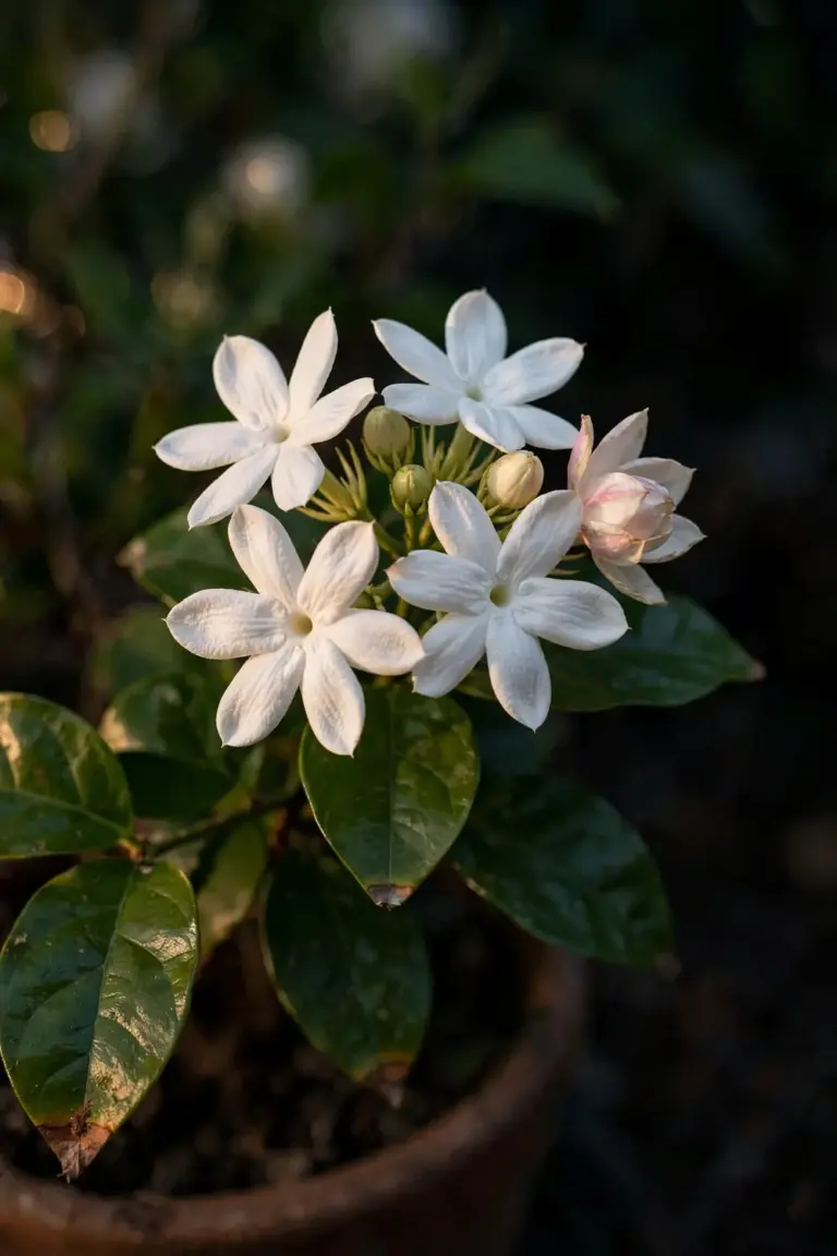 Arabian jasmine white night-opening blooms above glossy ovate leaves in a terracotta pot