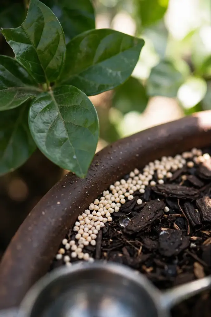 Glossy Arabian jasmine leaves with fertilizer granules at the pot edge