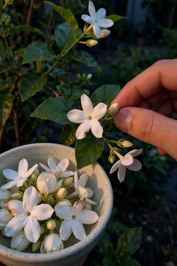 Freshly picked Arabian jasmine blossoms in a small bowl at dusk