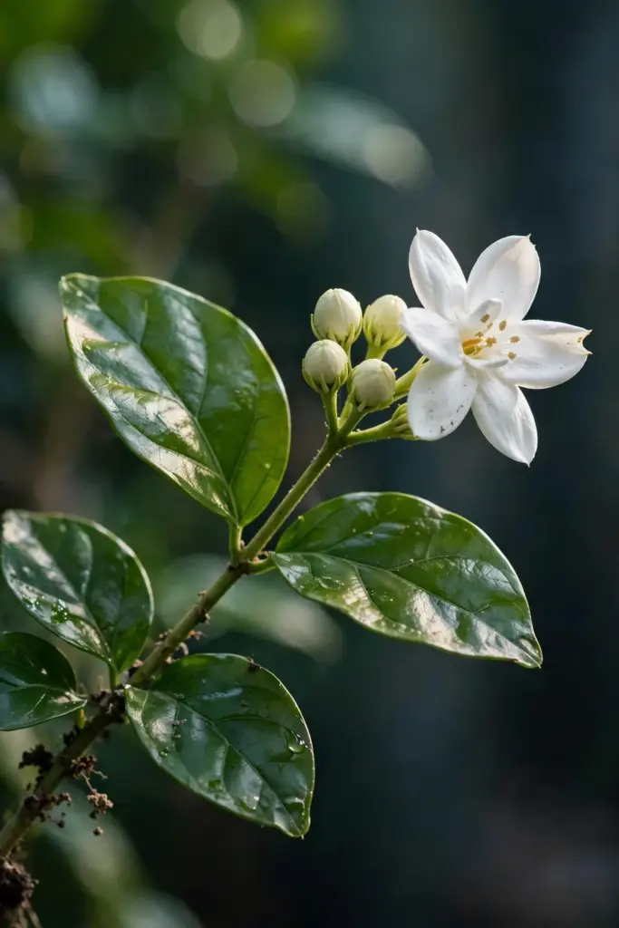 Arabian jasmine terminal flower cluster with opposite glossy ovate leaves in close-up