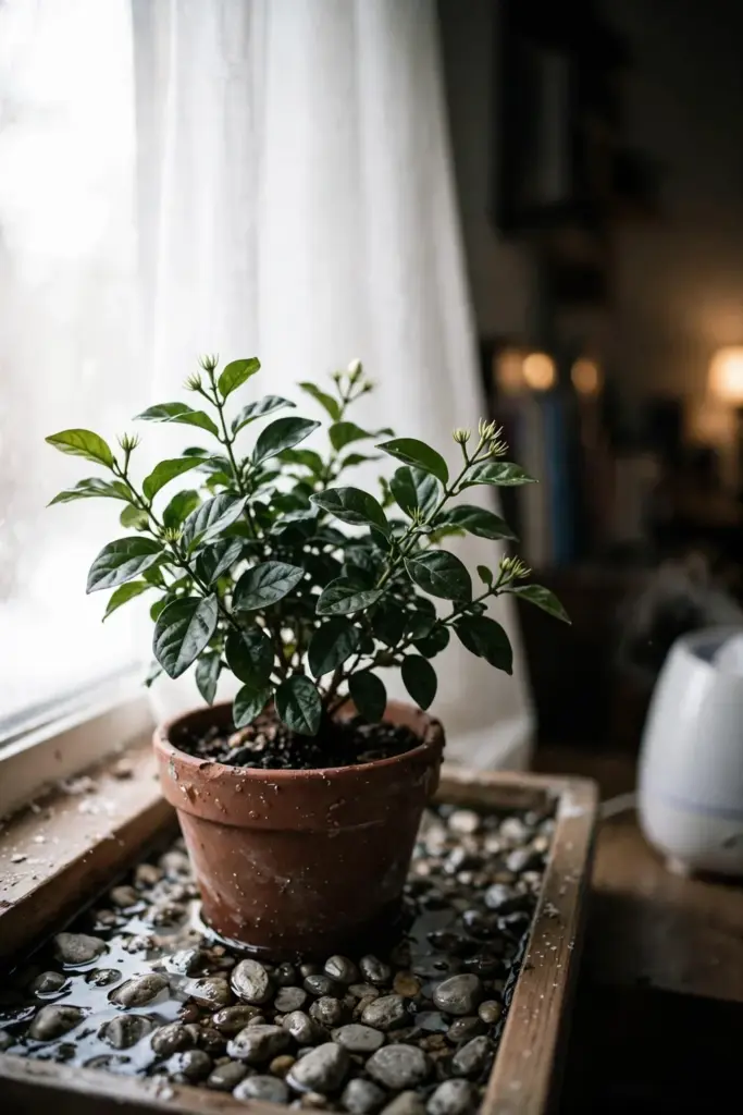 Potted Arabian jasmine in a bright south-facing window above a pebble humidity tray