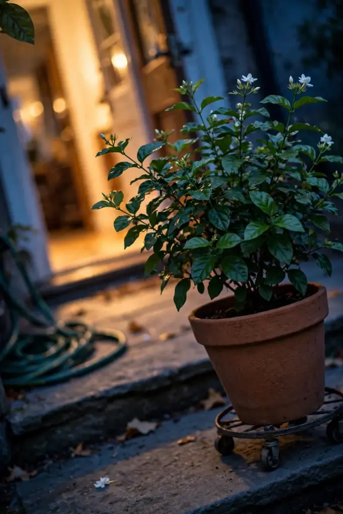 Potted Arabian jasmine on a doorstep at dusk with warm interior light behind