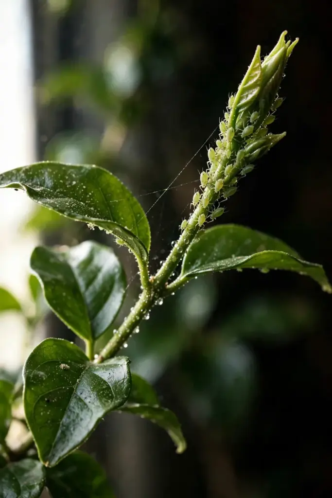 Aphids clustered on a young Arabian jasmine shoot tip in macro