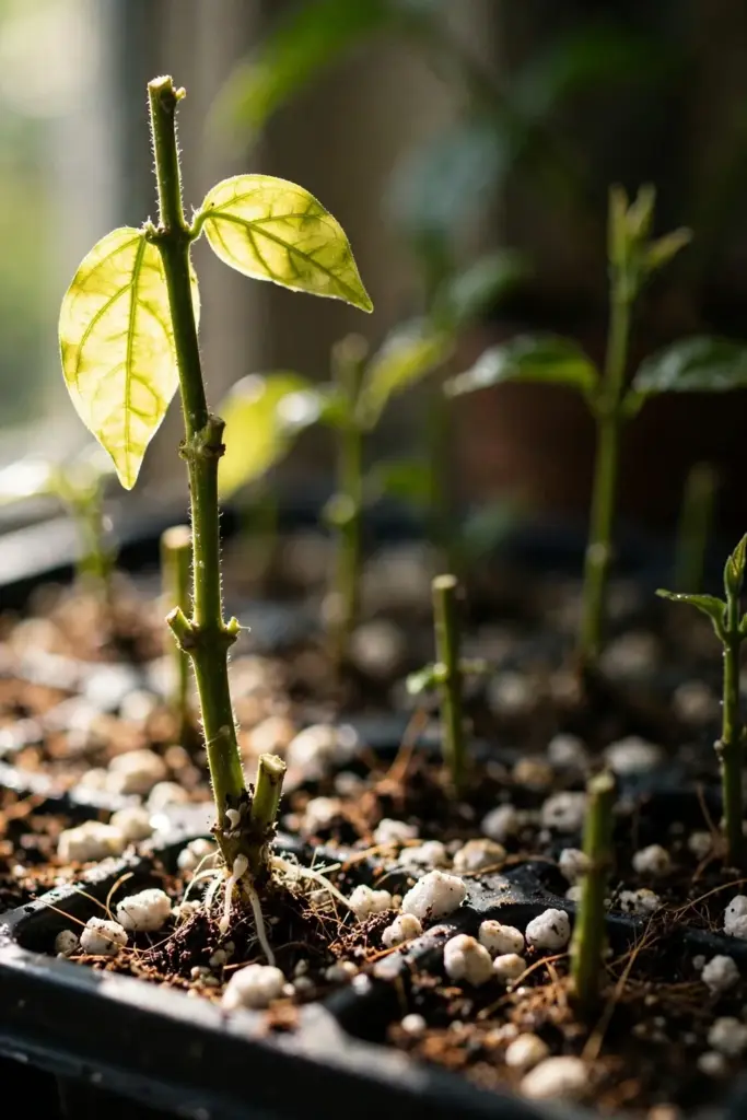 Arabian jasmine stem cuttings rooting in a perlite and coir propagation tray