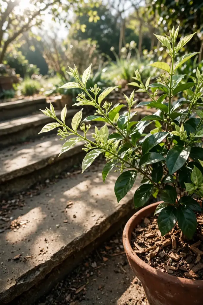 Potted Arabian jasmine on sunny patio steps with fresh spring growth