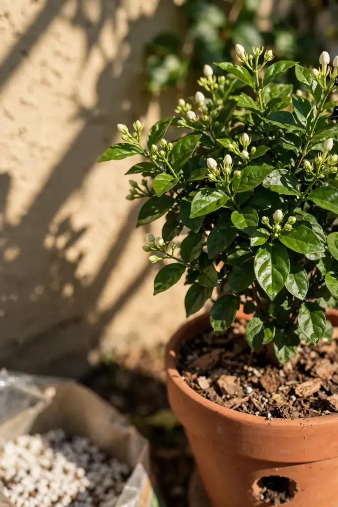 Arabian jasmine in a terracotta pot against a sunlit wall in full sun
