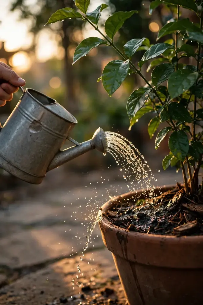 Hand tipping a watering can over a potted Arabian jasmine at low warm light