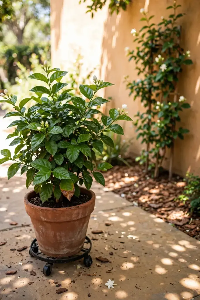 Potted Arabian jasmine on a sunny patio beside a planted garden bed
