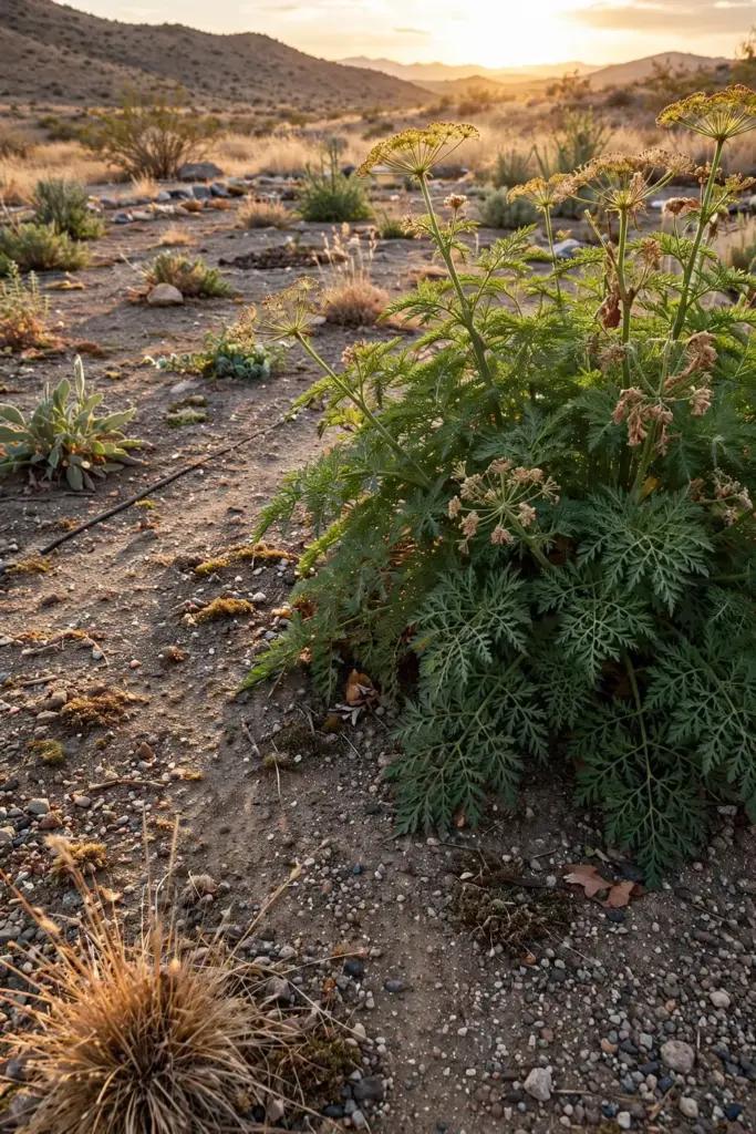 Mature asafoetida clump in a desert herb garden at low sun