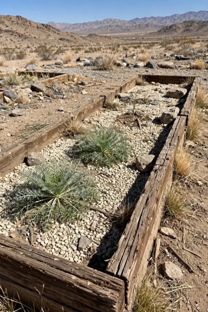 Asafoetida rosettes in a gritty raised bed against dry mountains