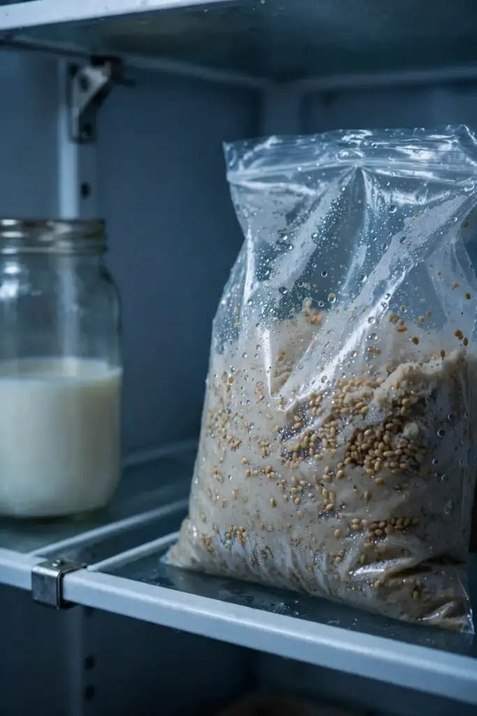 Zip bag of damp sand with asafoetida seeds stratifying in a refrigerator