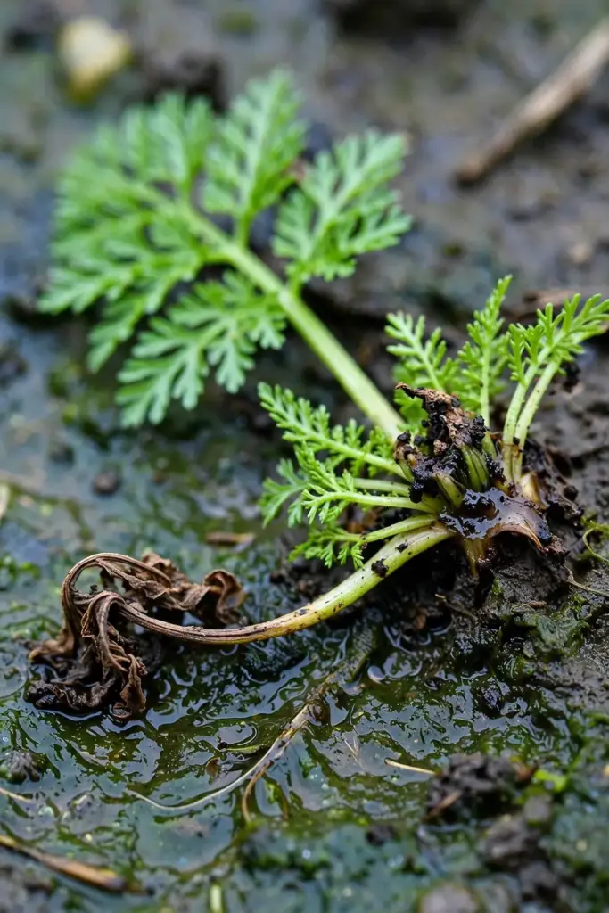Asafoetida crown with dark soft rot tissue at the soil line