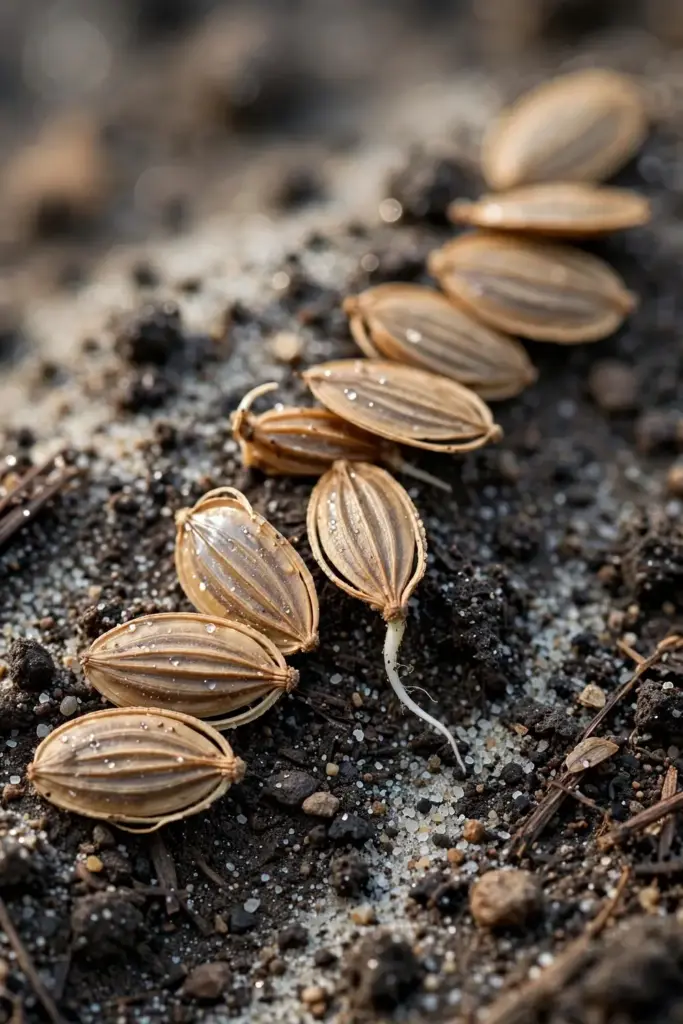 Asafoetida seeds surface-sown under a thin sand layer, one sprouting