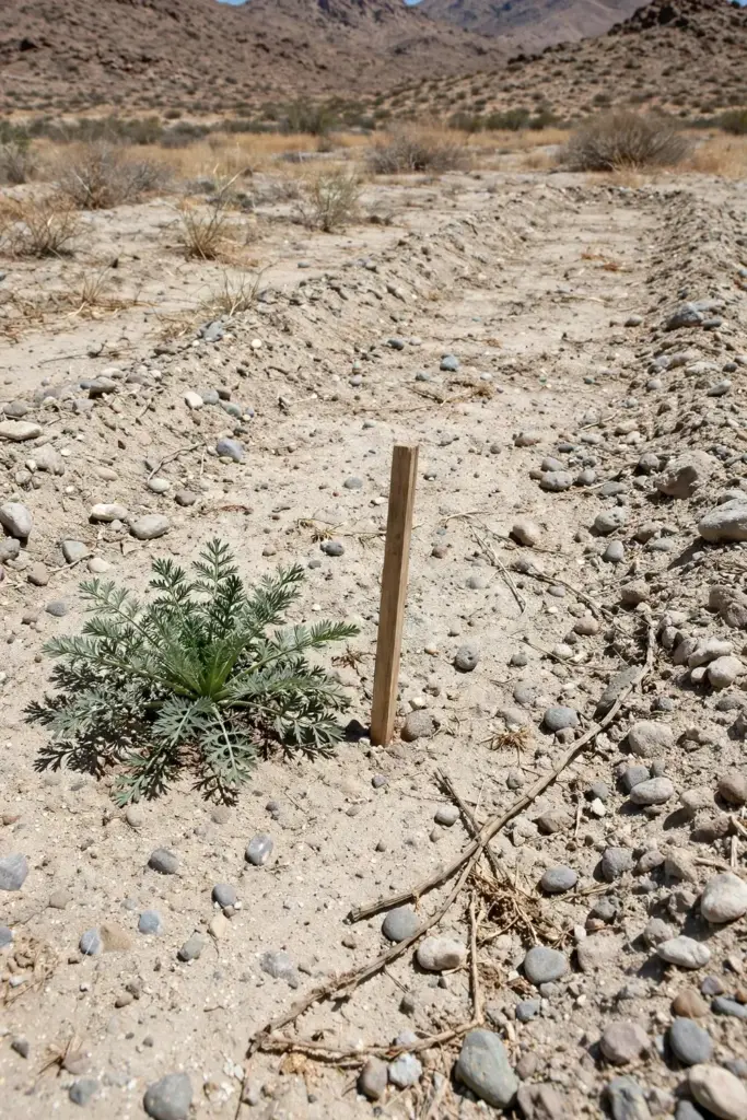 First-year asafoetida seedling in a gritty desert planting bed
