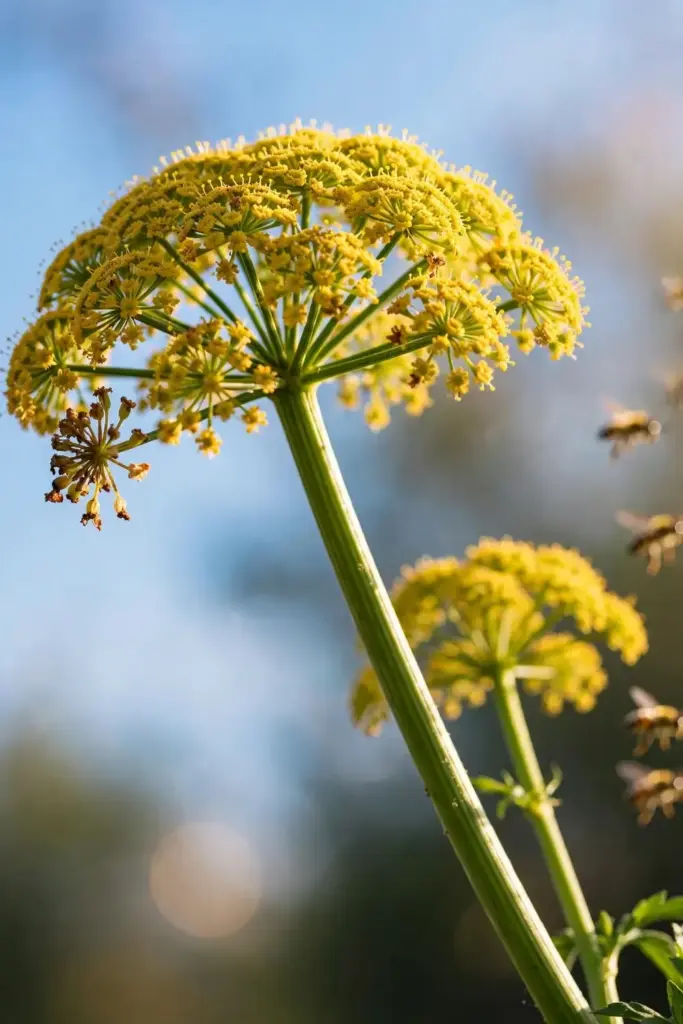 Tall asafoetida stalk with yellow umbrella flower clusters