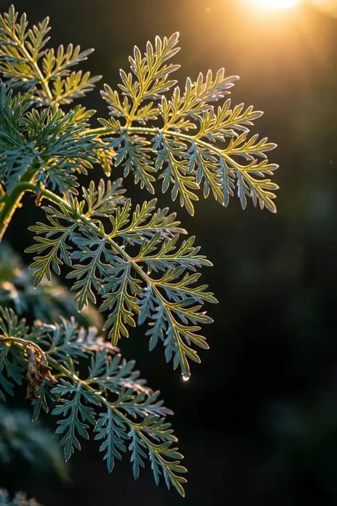 Backlit asafoetida leaflets glowing with etched veins