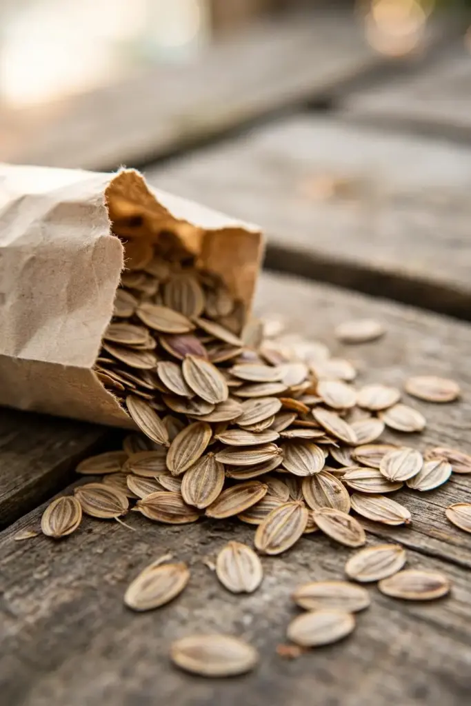 Tan winged asafoetida seeds spilling from a small paper packet
