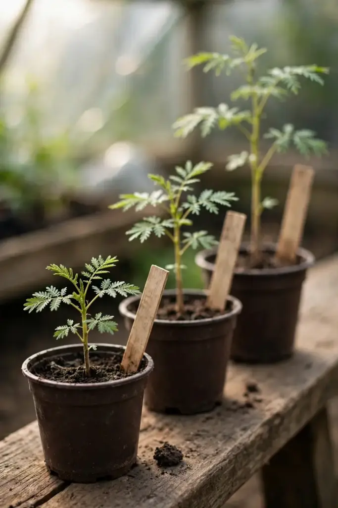 Young asafoetida seedlings in deep pots with plain wooden labels