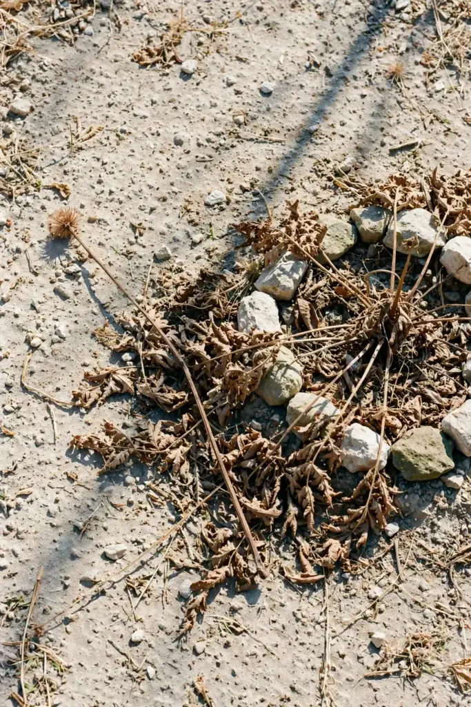 Dormant summer bed with withered asafoetida foliage and a stone marker