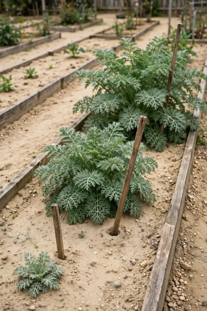 Garden bed with young and older asafoetida rosettes at marked stations