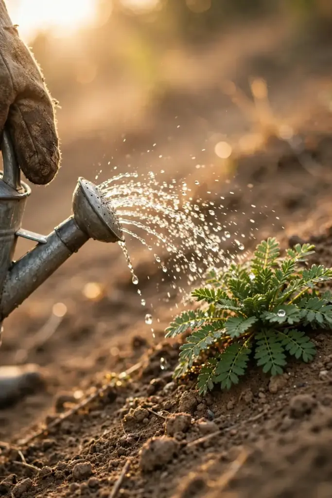 Watering can pouring over a young asafoetida rosette at low sun