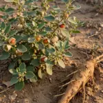 Ashwagandha shrub with red lantern berries and thick taproot in dry Indian soil