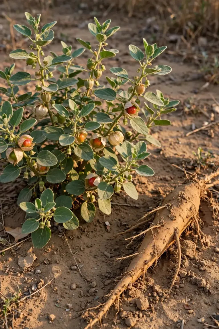 Ashwagandha shrub with red lantern berries and thick taproot in dry Indian soil
