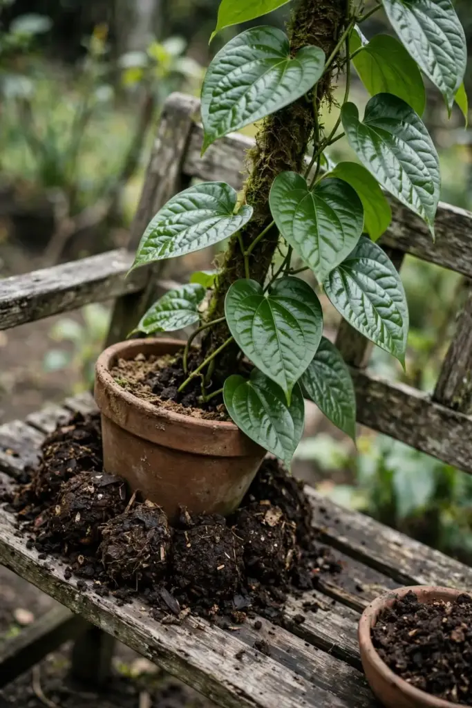 Compost spread around the base of a thriving betel leaf vine