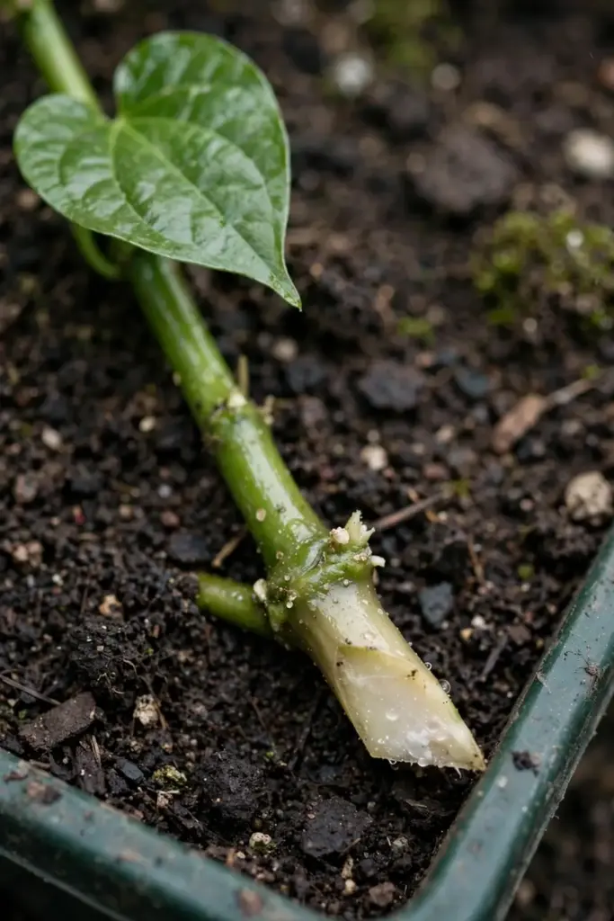 Close view of a betel leaf stem cutting showing the angled cut below a node