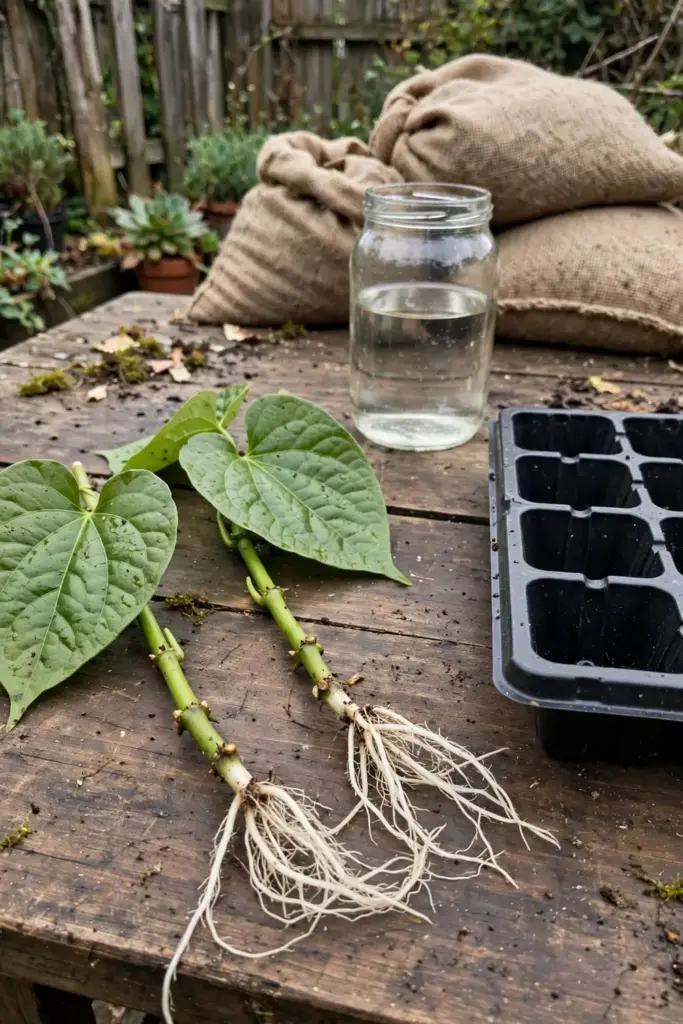 Betel leaf stem cuttings with roots beside an empty seed tray