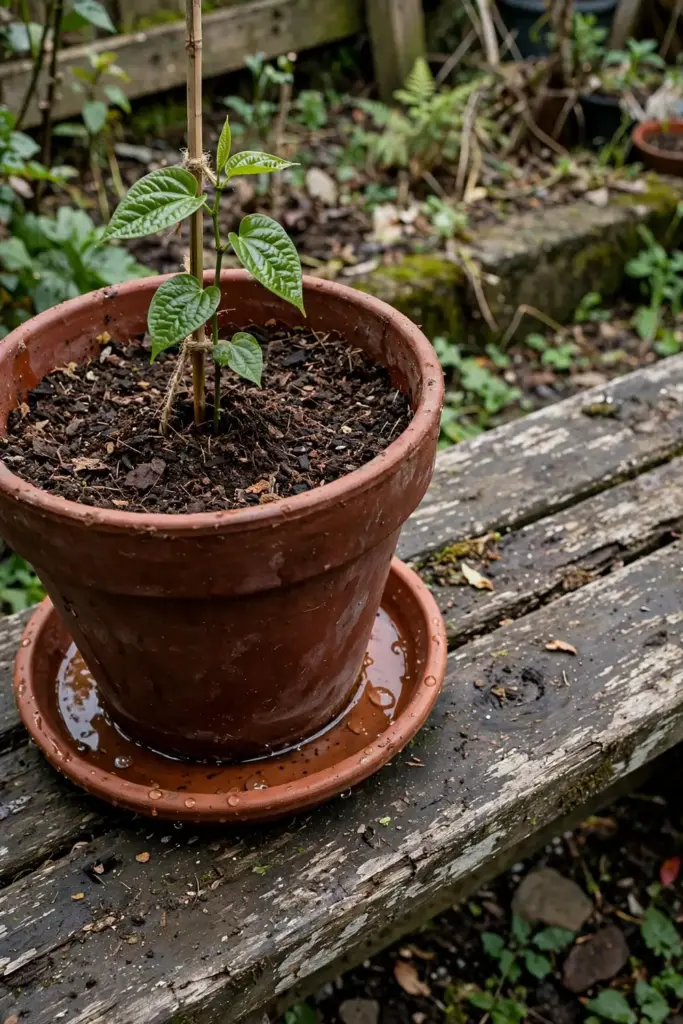 A rooted betel cutting planted in a deep terracotta pot with a rich soil mix