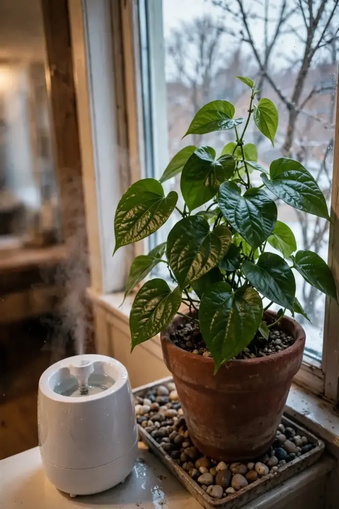 A potted betel vine overwintering in a bright indoor window