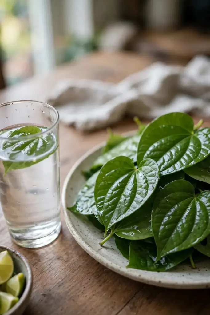 Fresh betel leaves beside a glass of infused water on a table