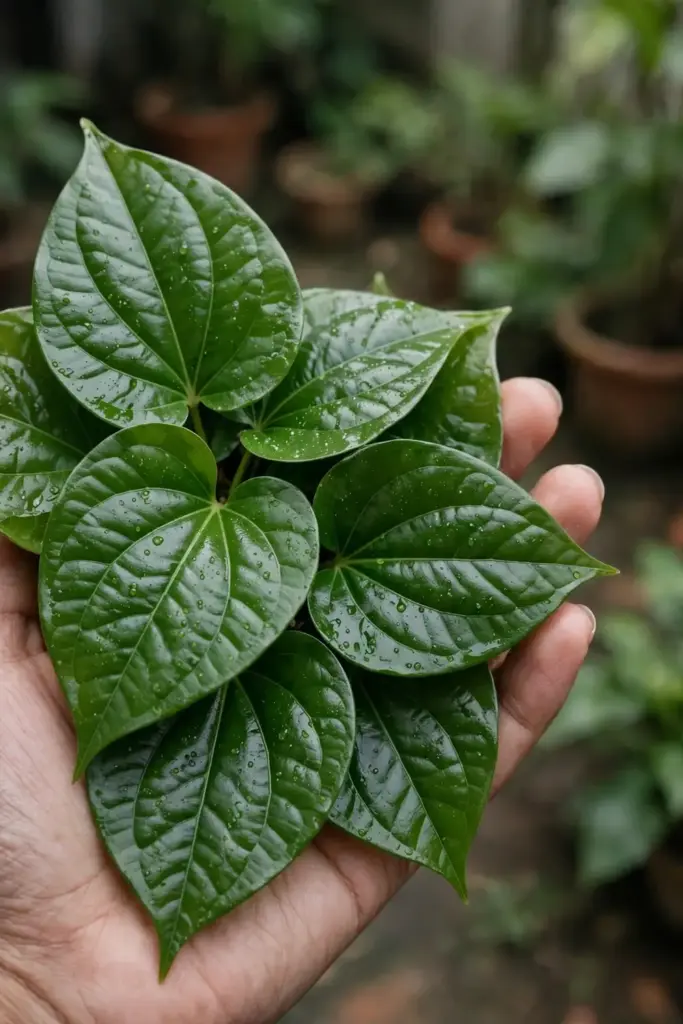 Freshly picked betel leaves held in a hand at harvest time