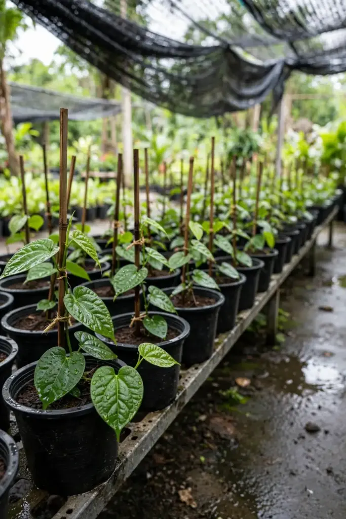 Rows of young betel leaf plants in nursery pots under shade