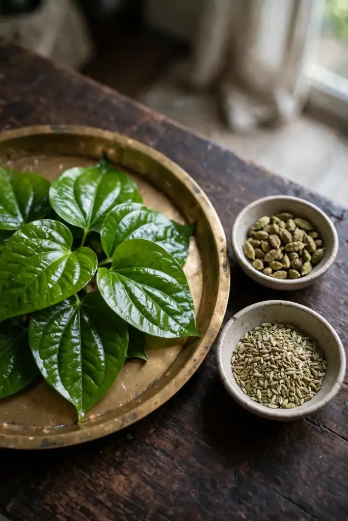 Fresh betel leaves arranged on a brass tray with cardamom and fennel seeds