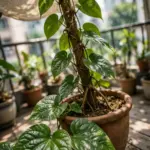 Betel leaf vine climbing a moss pole in a terracotta pot on a shaded balcony