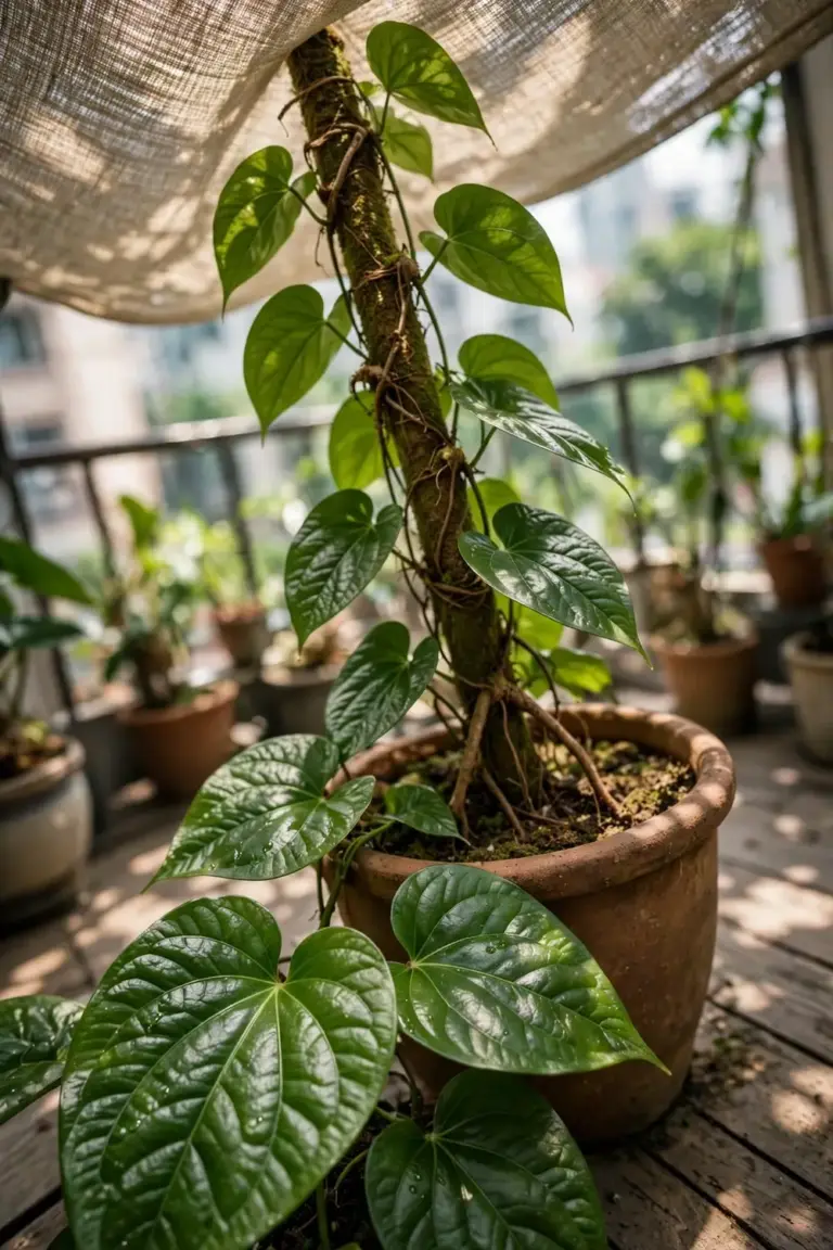 Betel leaf vine climbing a moss pole in a terracotta pot on a shaded balcony