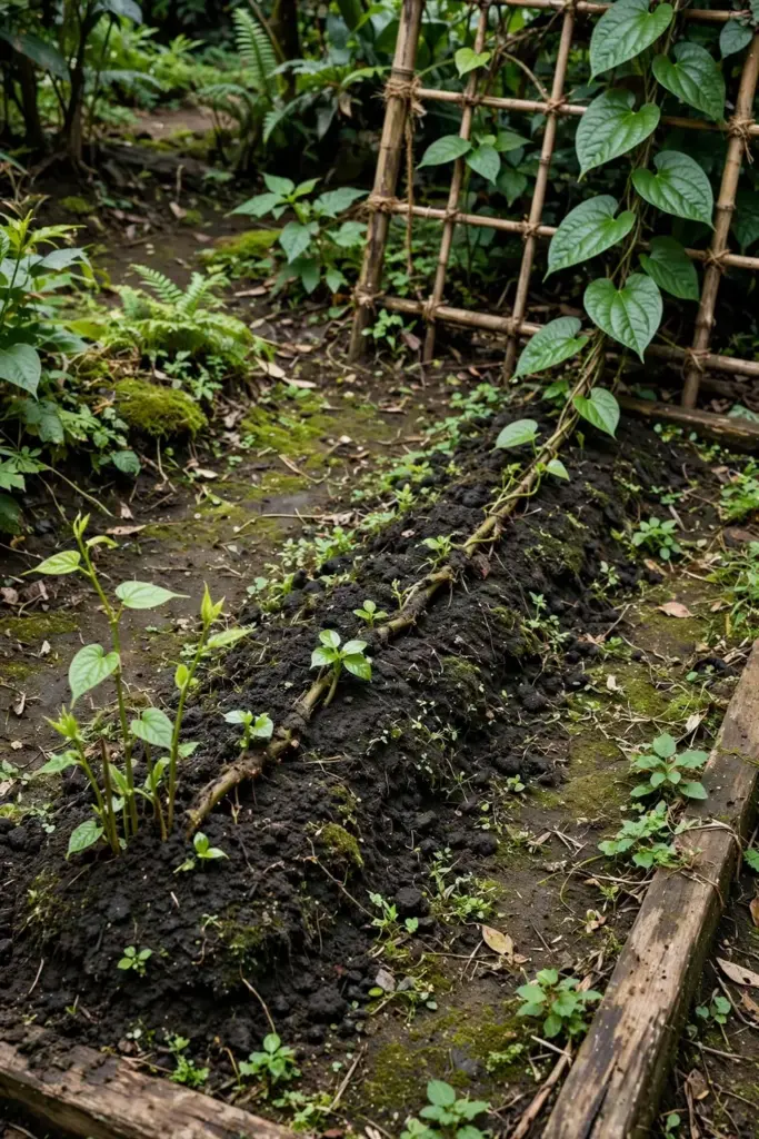 A long betel vine being cut back with part of the stem buried in fresh soil