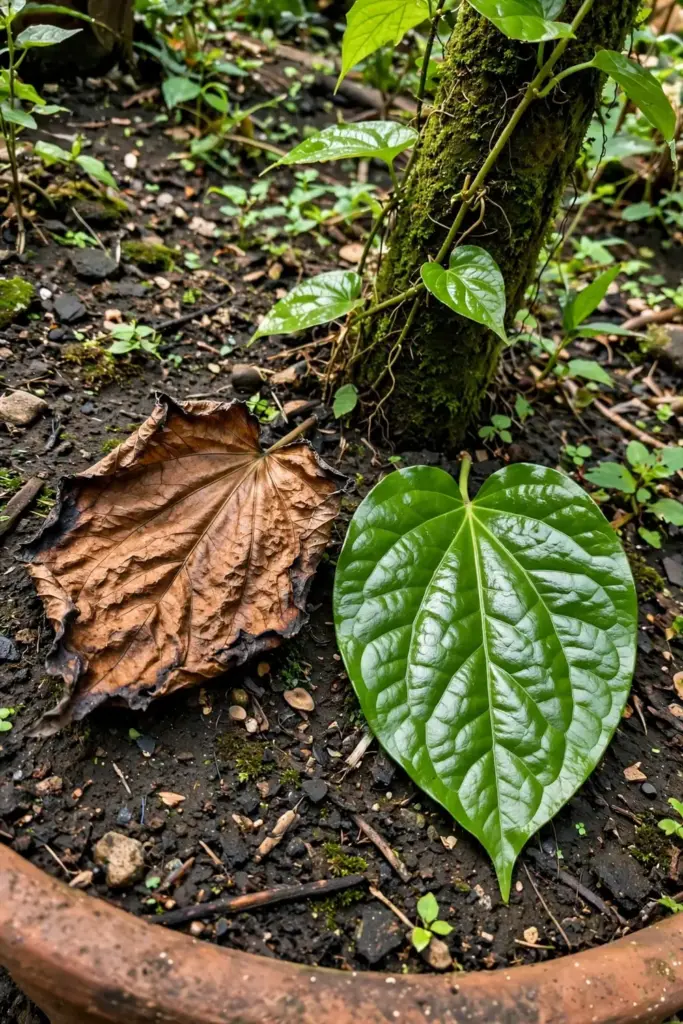 A sun-scorched betel leaf beside a healthy shaded leaf for comparison