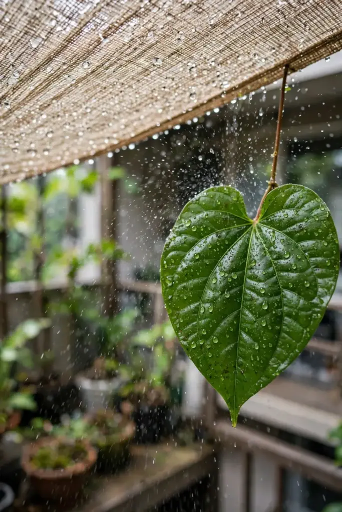 Water mist droplets on a glossy betel leaf under shade cloth